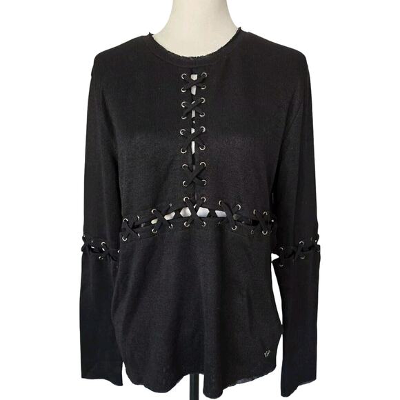 Lace Up True Religion Biker Gothic Panel Black Long Sleeve Shirt Blouse Sz M NEW - Picture 1 of 13